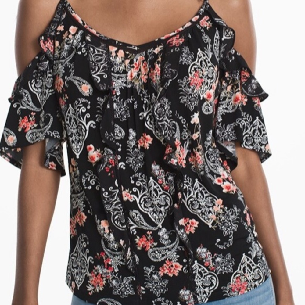 WHBM black floral cold shoulder top